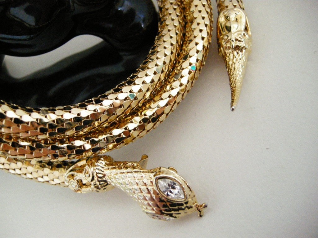Vintage 70s GOLD Metal Mesh Snake Belt Rhinestone by empressjade