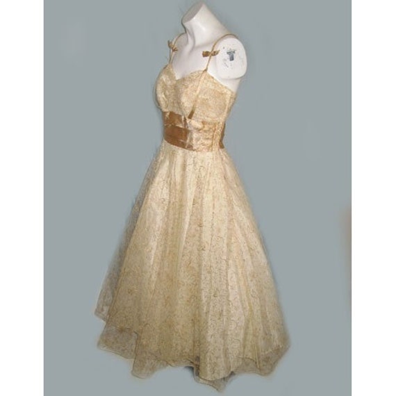1950's Metallic Gold Lame Circle Skirt Party Dress B34 W25