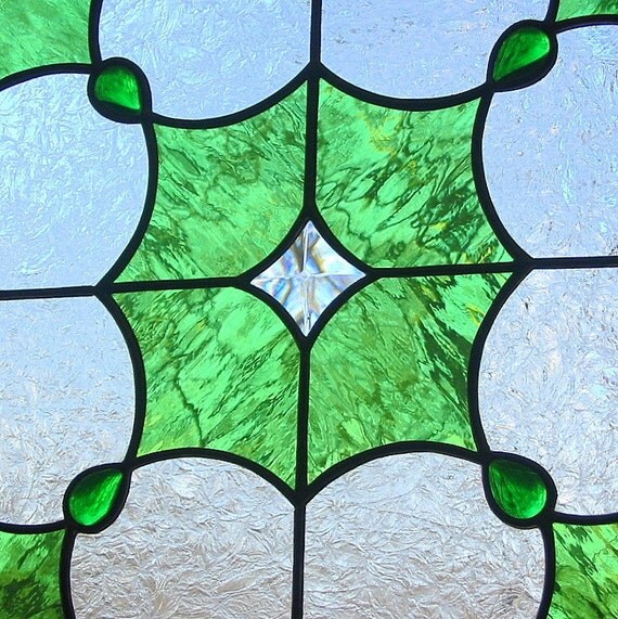 Lime Green Beveled Geometric Stained Glass Window Panel