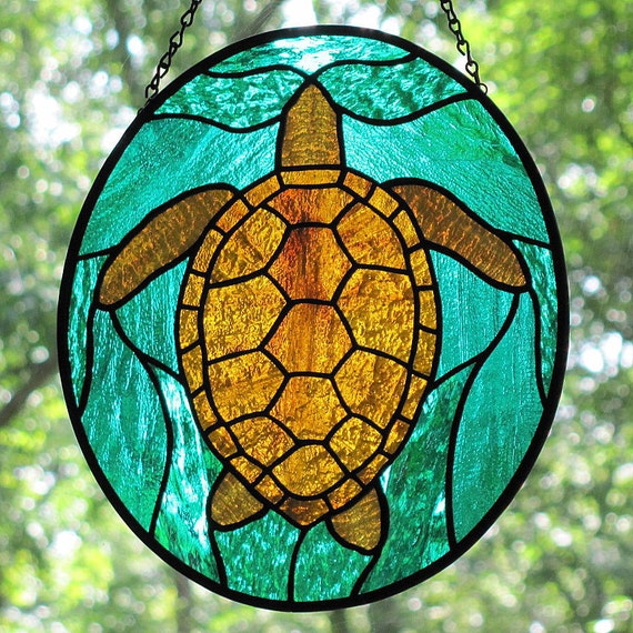 Stained Glass Sea Turtle Oval Suncatcher Panel