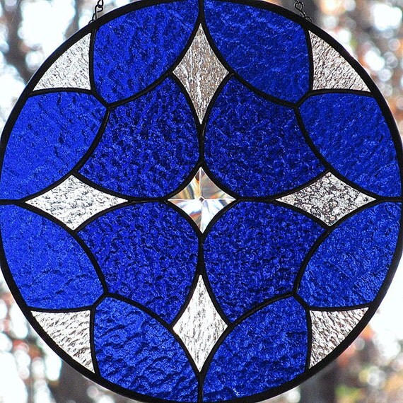 Cobalt Blue Stained Glass Beveled Star Round Suncatcher