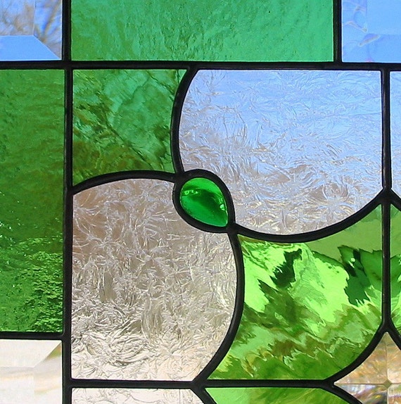 Lime Green Beveled Geometric Stained Glass Window Panel