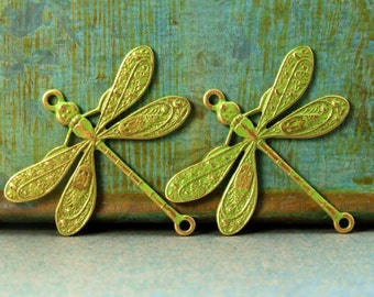 Dragonfly Connector Charms - 2 pcs - Brass Dragonfly - Lime Green Patina - Patina Queen