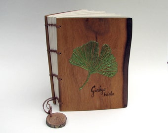 Ginkgo biloba Embroidered Customizable Rustic Natural Edge American Black Walnut Wood Wedding Guest Book or Journal by Tanja Sova