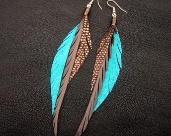 Leather Feather Earrings - brown, turquoise and sparkly bronze