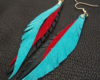 Leather Feather Earrings - turquoise, bright red, black