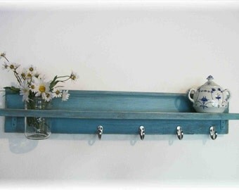 Wood Wall Shelf Mason Jar Robins Egg Blue Color Shabby Chic 30 Inches Long 4 Silver Hooks