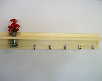 Wood Wall Shelf Hooks Bold Buttery Yellow Color Cottage 5 Hooks