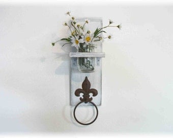 White Fleur de Lis towel hanger shelf flower mason jar shelf