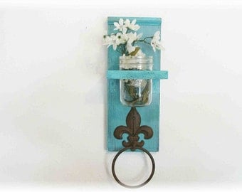 Kitchen or Bathroom Wall Shelf with Fleur de lis Towel Ring Retro Primitive Turquoise Color