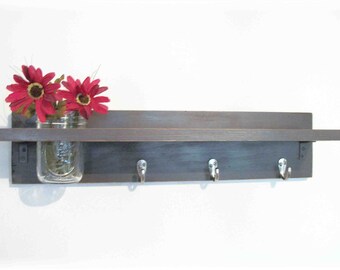 Primitive Country Dark Expresso Brown WOOD Coat Hooks Cottage Wall Shelf