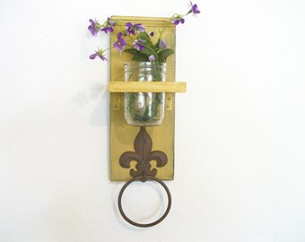 Wood Kitchen or Bathroom Wall Shelf with Towel Ring fleu de lis Primitive Cornflower Pumpkin Mustard Yellow Color