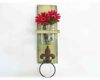 Wood Kitchen or Bathroom Wall Shelf with Towel Ring Mason Jar Olive Lime Green Retro fleur de lis