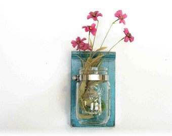 Wood Wall Shelf Faded Retro Mod Turquoise Color Maison Jar Shabby Chic