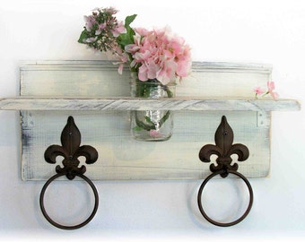 Shabby Chic Linen Ivory White Shabby n Chic Bathroom or Kitchen Fleur de Lis Towel Rings Shelf with Mason Jar