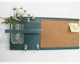 Wood Wall Shelf Cork Bulletin Board Message Center Hooks Country Teal Blue Green Color