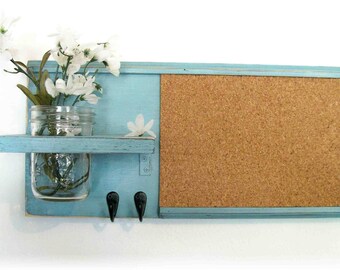 Light Turquoise Color Retro Style Wall Shelf Cork Bulletin Board Message Center Hooks Country