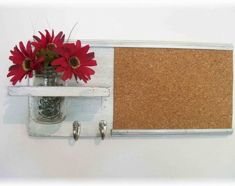 Wood Wall Shelf Cork Bulletin Board Message Center Hooks Wedding Linen White