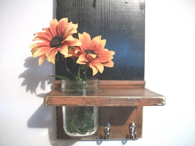 WOOD Wall Shelf Black Board Message Center Hooks Burnt Orange