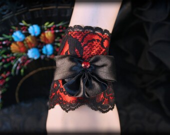 Gothic Lolita Bracelet, Red and Black Gothic Bracelet, Lolita Lace Cuff Bracelet