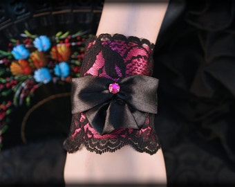 Hot Pink and Black Lace Cuff Bracelet, Gothic Lolita Bracelet, FREE SHIPPING