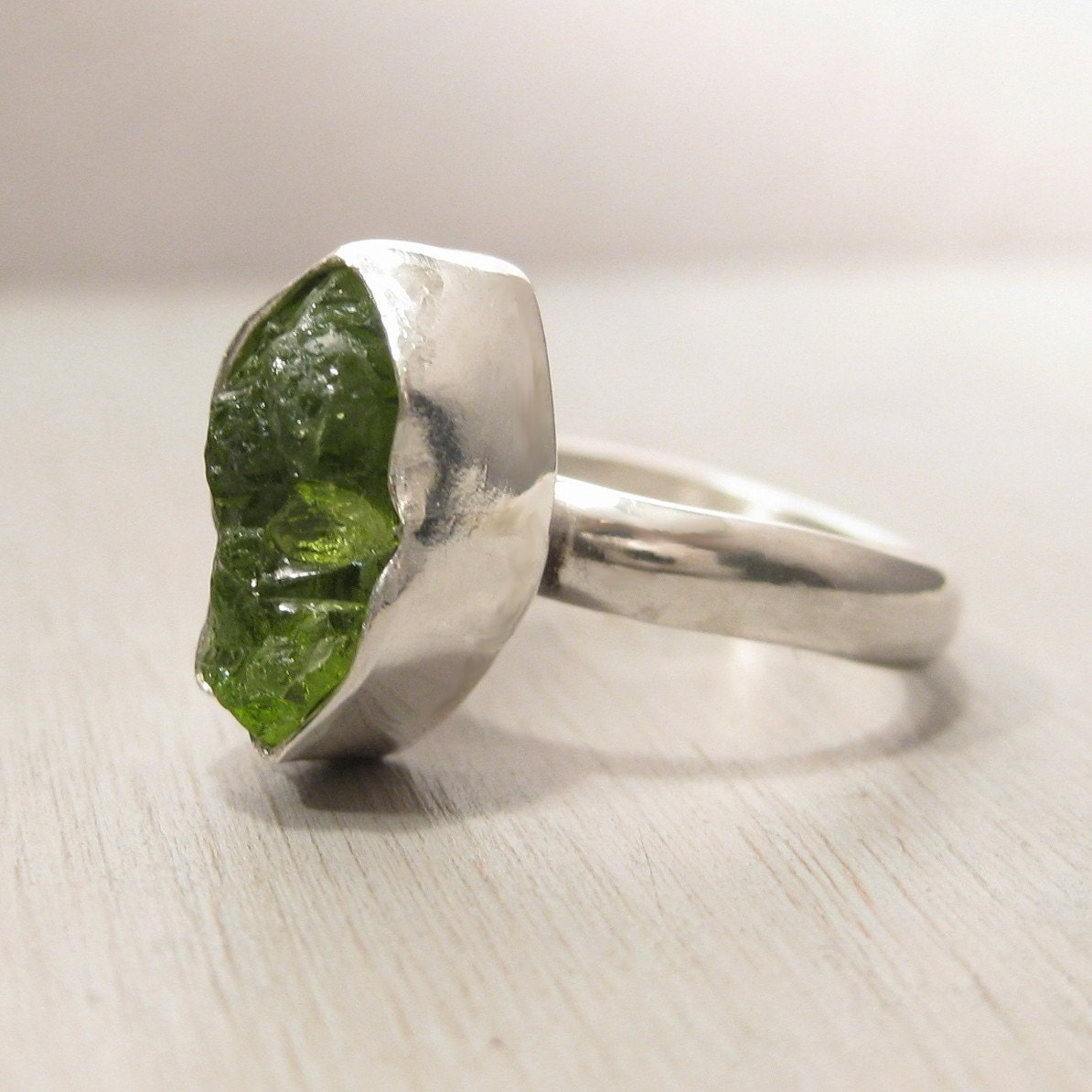 Sparkling green Peridot ring Rough Peridot stone and sterling