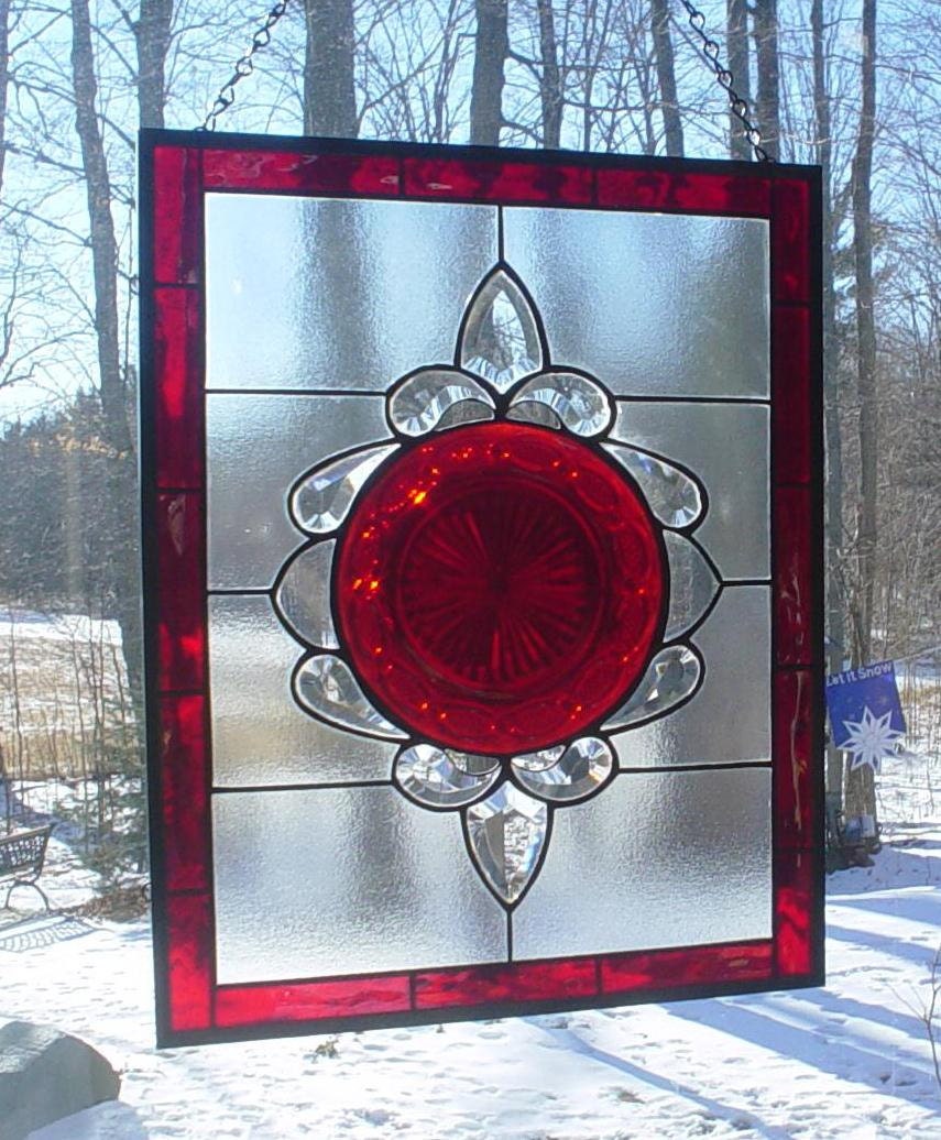 Stained Glass panel vintage Ruby plate with bevels
