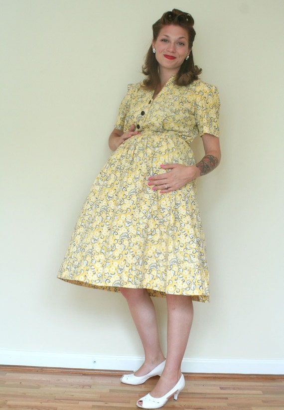 40s Yellow Floral MATERNITY Dress Feedsack Delight