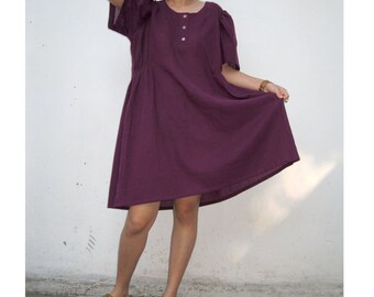 Custom Made Short Purple Cotton Boho Simply Tunic Dress Blouse (H)