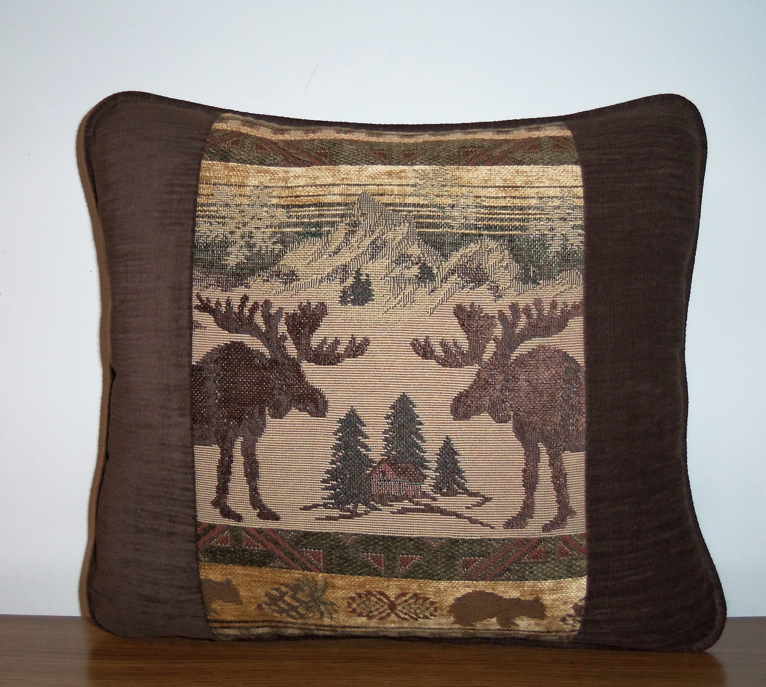 Moose Pillow Cabin Lodge Brown Tapestry Pillow