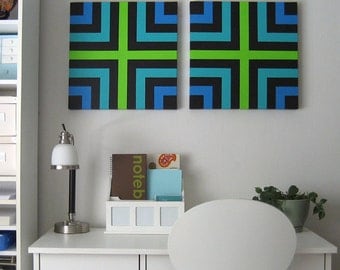 BLUE GREEN BLACK Squares Retro Mod Mid Century 70's Style