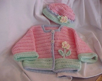 Sweater and Hat Set Pastel pink, mint with pale blue trim Newborn and 6 to 12 months sizes Crocheted adorable photography prop