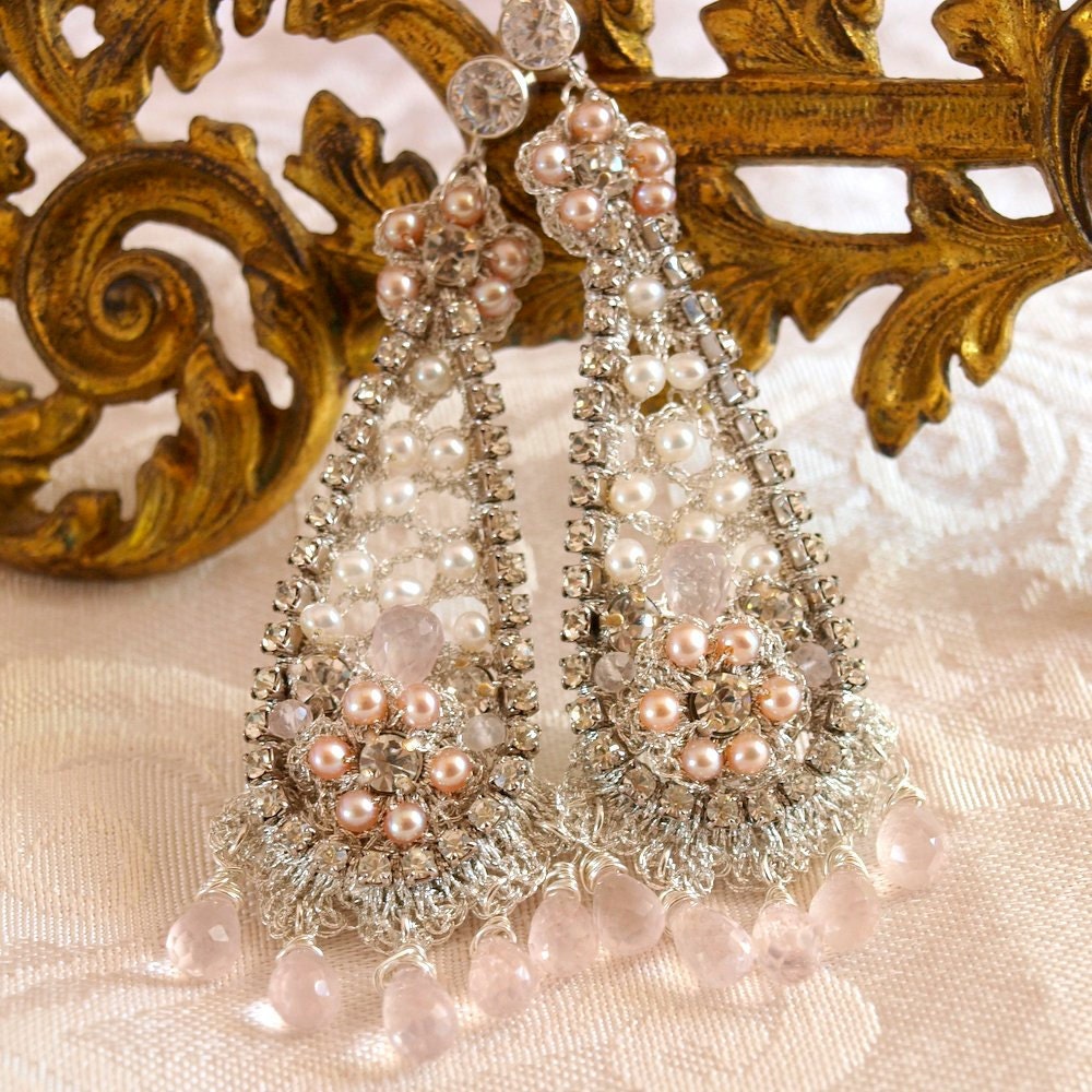 Blush Pink Wedding Earrings / Silver Lace and Pearl