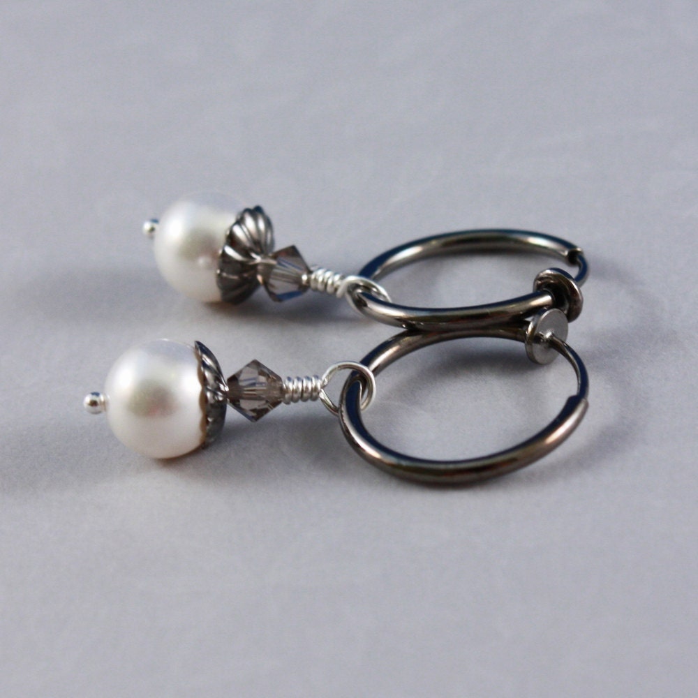 Gunmetal clip hoop earrings white pearls and Greige