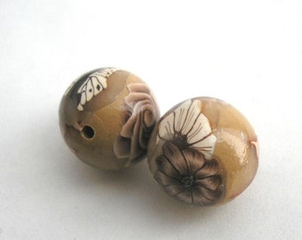 Polymer Clay Beads, Light Brown Beads, Round Bead Pair with Coffee Flowers