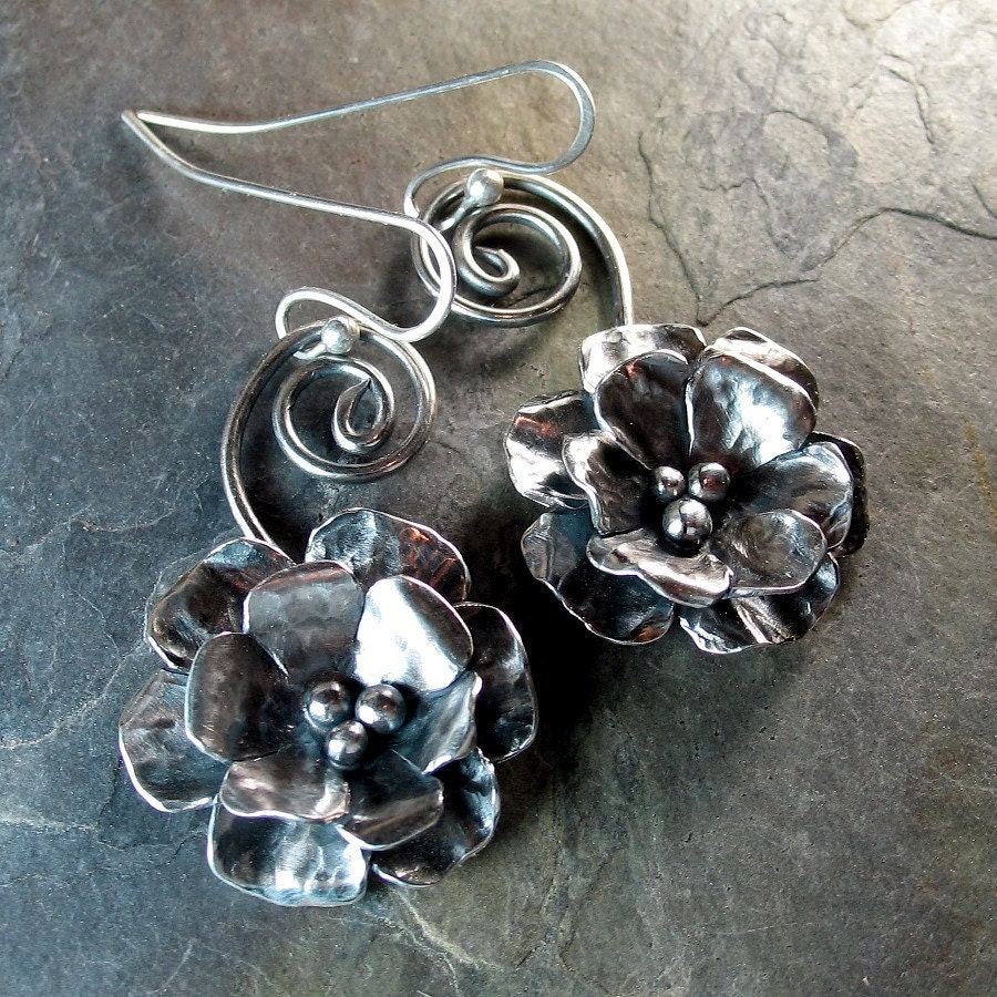 Sterling Silver Flower Rose Dangle Earrings metalwork