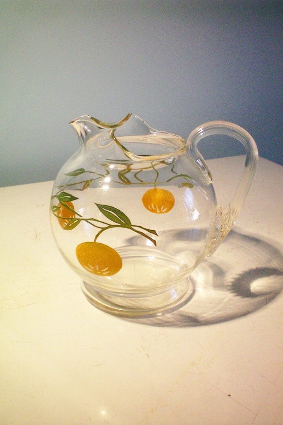 Vintage 1 Qt.Glass Juice Pitcher w/orange designs 1950s