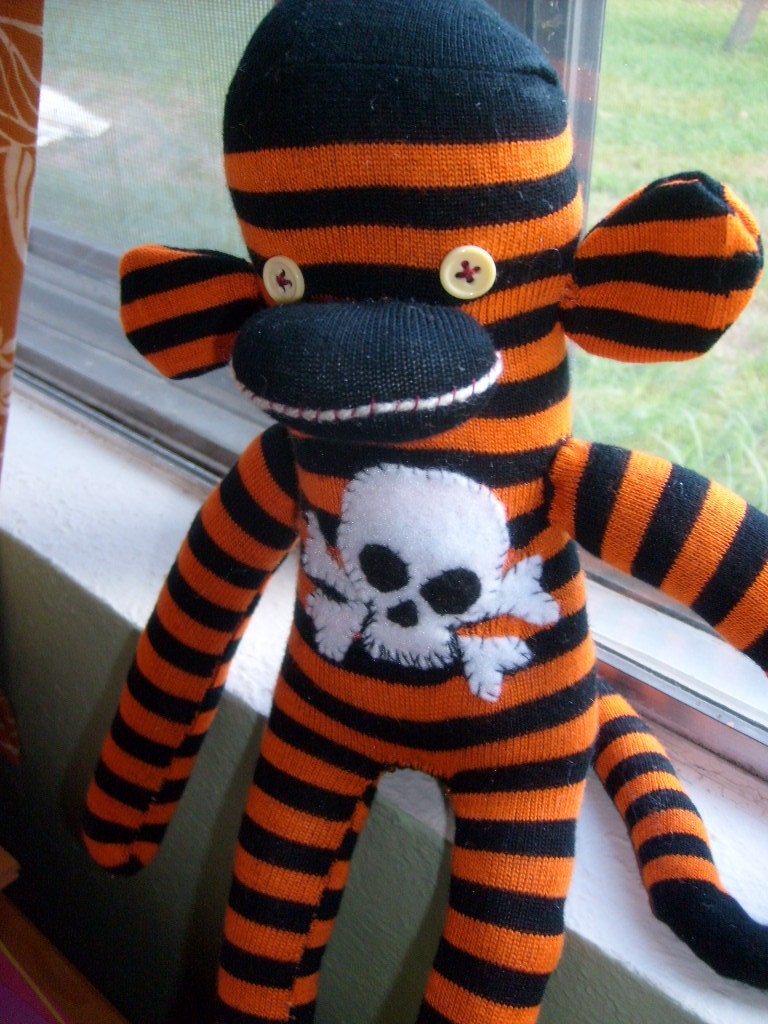 Creepy Halloween Orange and Black Stripe Sock Monkey
