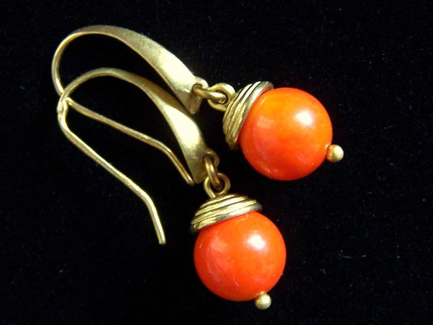 Orange Coral Ball Earrings Bali solid Brass Colorful Happy
