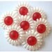 5 Buttons, vintage, flower shape, button jewelry, pearlized white with red, 28mm