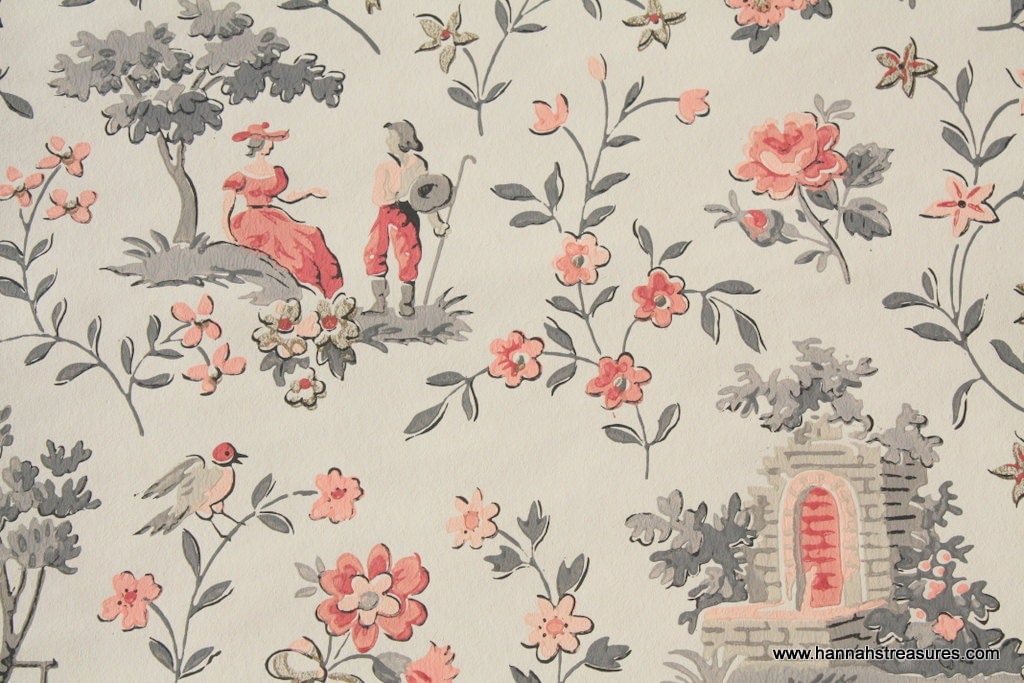 1950's Vintage Wallpaper pink and gray French by HannahsTreasures