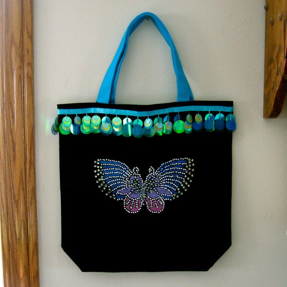 SALE! Black and Blue Canvas Tote Bag with Handpainted Rhinestone ...