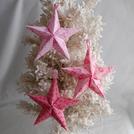 3 Puffy Fabric Origami Stars Pink Ribbon by wendysorigami on Etsy