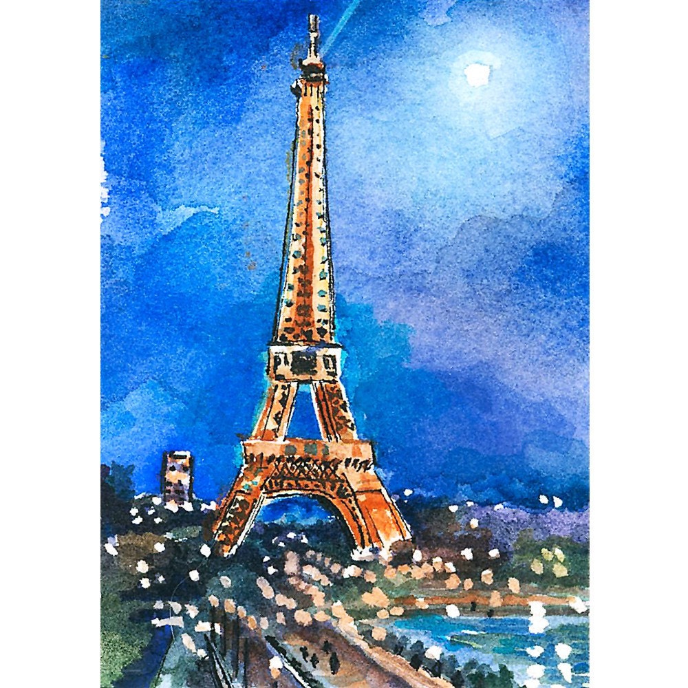 Eiffel Tower Paris ACEO original watercolor painting by 3StreetArt