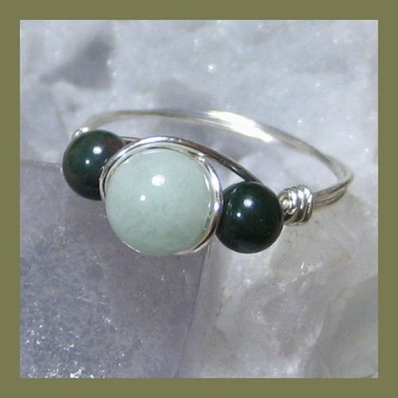 Aquamarine and Bloodstone Silver Wire Wrap Ring ANY size
