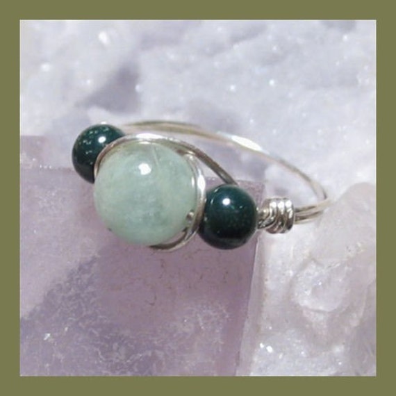 Aquamarine and Bloodstone Silver Wire Wrap Ring ANY size