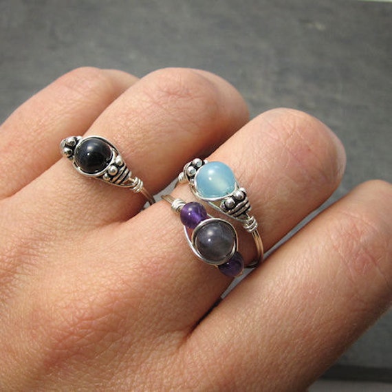 Aquamarine & Bloodstone Sterling Silver Wire Wrapped Ring