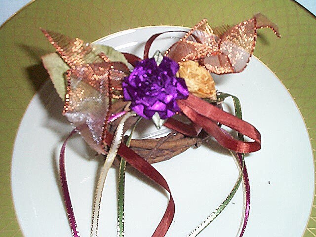 Hand-Made Napkin Ring Silk Flower, Woven Ribbon, Bent Vine Wreath