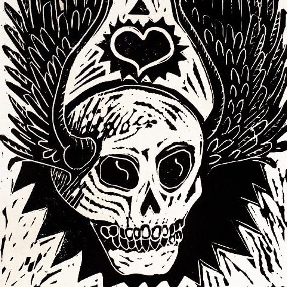 Winged Tattoo Skull Linocut Print