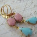 Estate Earrings, Retro Earrings, Vintage Pink Blue Earrings, Blue Pink Glass Earrings, Brass Lever Back Earrings